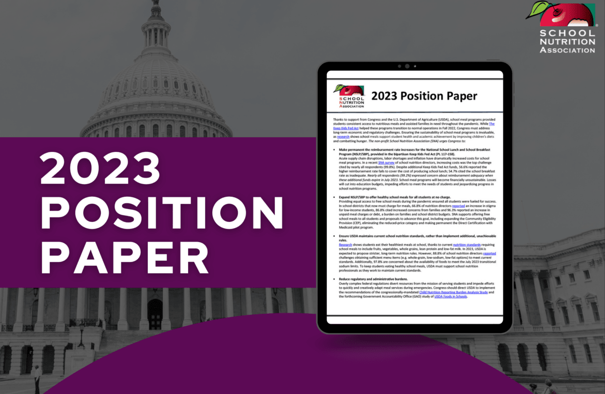 The text "2023 Position Paper" next to an image of SNA's 2023 Position Paper with the U.S. Capitol Building in the background
